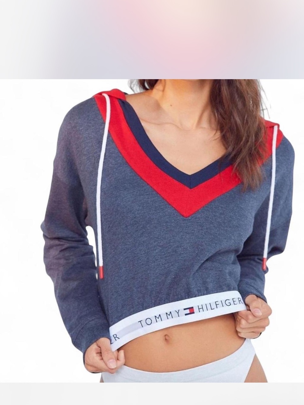 Tommy Hilfiger Gray V-Neck Pullover Hoodie with Red & Navy Trim